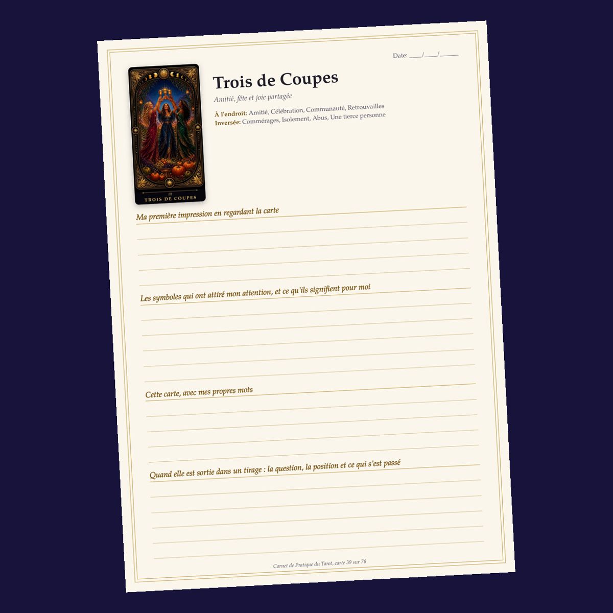 Page du carnet de pratique, avec une carte et des lignes pour écrire