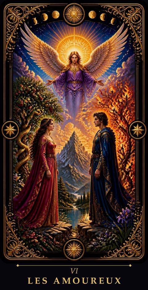 La carte Les Amoureux, avec l'ange qui bénit le couple