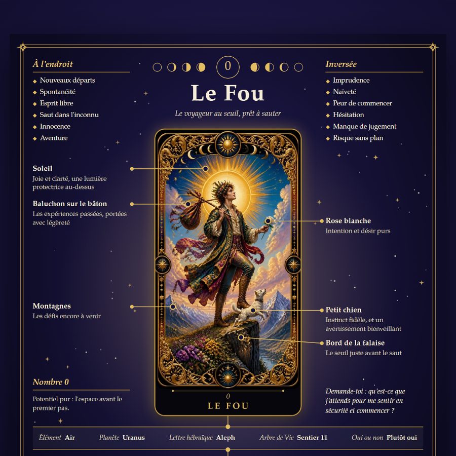 Page d'étude de la carte Le Fou, avec les significations à l'endroit et inversée et les symboles de l'illustration expliqués